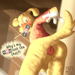 anthro anus balls blush bodily_fluids bottom_view bottomless bottomless_anthro bottomless_male brows butt caine_censorship censor_bar censored_speech censored_text close-up clothed clothing dialogue floppy_ears fur genital_fluids genitals gloves grawlixes handwear light light_beam looking_at_back looking_at_butt looking_back male precum profanity red_clothing red_shirt red_topwear shadow shirt shocked short_tail snout solo speech_bubble tail text topwear white_clothing white_gloves white_handwear yellow_body yellow_fur valken_holmes glitch_productions the_amazing_digital_circus scratch_(tadc) canid canine canis domestic_dog mammal 1:1 censored colored dated english_text lighting shaded watermark
