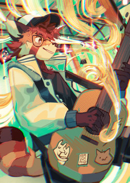 acoustic_guitar anthro biped clothed clothing eyewear glasses guitar hat headgear headwear holding_guitar holding_musical_instrument holding_object male musical_instrument playing_music plucked_string_instrument solo string_instrument tail hemuchang ailurid mammal red_panda hi_res