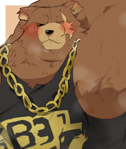 anthro black_clothing black_sclera black_shirt black_tank_top black_topwear blush brown_body brown_fur chain_necklace clothing eye_scar facial_scar fur jewelry male necklace overweight overweight_anthro overweight_male presenting_armpit scar shirt solo tank_top topwear yellow_eyes 0119_muu mihoyo zenless_zone_zero ben_bigger bear mammal 2024 hi_res