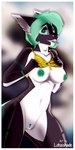 anthro big_breasts bodily_fluids border breasts clothed clothing female genitals green_eyes green_nipples hair nipples non-mammal_breasts non-mammal_nipples piercing pussy saliva soft_focus solo topless wet white_border lotusshade fish marine shark 1:2 digital_media_(artwork) hi_res portrait three-quarter_portrait