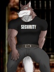 2013 abs anthro athletic belt biceps big_muscles biped black_nose blurred_background blush bottomwear bouncer brown_body brown_fur canid canine canis claws clothed clothing english_text front_view fully_clothed fur hentist hideo_katashi looking_at_viewer male mammal muscular muscular_anthro muscular_male pants pecs pose security shirt solo standing text text_on_clothing text_on_shirt text_on_topwear topwear vein white_body white_fur wolf yellow_eyes