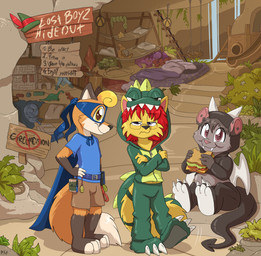 anthro biped black_markings black_nose blue_clothing blue_shirt blue_topwear bottomwear brown_bottomwear brown_clothing brown_hair brown_shorts cave cheek_tuft closed_smile clothed clothing costume countershade_face countershade_fur countershade_torso countershading crossed_arms dipstick_tail eye_mask eyewear facial_tuft fangs feet fingerless_(marking) fluffy fluffy_tail food fur glasses gloves_(marking) grey_body grey_fur group hair head_tuft holding_food holding_object holding_sandwich leg_markings looking_at_viewer male markings mouth_closed multicolored_body multicolored_fur orange_body orange_fur rectangular_glasses red_hair sandwich_(food) shirt short_hair shorts sitting smile socks_(marking) standing tail tail_markings tan_body tan_fur teeth text toeless_(marking) topwear trio tuft two_tone_body two_tone_fur wearing_glasses white_body white_countershading white_fur white_markings young young_anthro young_male fuf ambiguous_species american_opossum canid canine fox mammal marsupial virginia_opossum 2026 absurd_res english_text hi_res