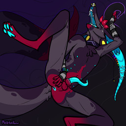 animal_genitalia anthro anus balls black_body black_fur blue_body blue_penis collar ear_piercing ear_ring erection eyes_closed fur gauged_ear genitals grey_body grey_fur hair industrial_piercing industrial_piercing_ladder long_ears lying male male_anthro multi_nipple nipples nude nude_anthro nude_male on_back open_mouth open_smile pawpads penis piercing red_body red_fur red_hair ring_piercing sex sheath smile solo spread_legs spreading tail tapering_penis teeth tentacle_sex tentacles tongue meldritchhorror raik_(character) canid canine canis jackal mammal shadow_creature 1:1 2021 hi_res nonbinary_(lore)