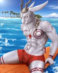 abs albino anthro antlers biceps blonde_hair body_hair bodypaint braided_hair bulge clothing freckles fur hair happy_trail horn long_ears looking_at_viewer male muscular muscular_anthro muscular_male navel navel_piercing neck_tuft nipple_piercing nipples palm_tree pecs piercing pink_nipples pink_nose plant red_clothing red_eyes red_swimwear runes sea sitting sitting_on_surfboard small_tail solo spread_legs spreading surfboard swimwear tail teeth_showing tree tuft vertical_nipple_piercing water wave whistle_(object) white_body white_fur tipsycanvas alexi_(ashnurazg) jackalope lagomorph mammal hi_res runic_text