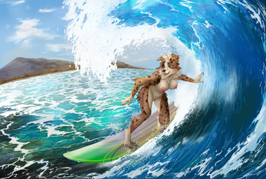 anthro areola big_breasts blue_eyes breasts brown_body brown_fur brown_markings day female floppy_ears fur genitals head_tuft looking_away markings multicolored_body multicolored_fur nipples nude open_mouth open_smile outside pawpads pink_areola pink_nipples pink_pawpads sea sky smile snout solo spots spotted_body spotted_fur spotted_markings surfboard surfer surfing tan_body tan_fur tuft vulva water wave tvard mia_hamilton australian_shepherd canid canine canis domestic_dog herding_dog mammal pastoral_dog sheepdog 2024 colored detailed digital_drawing_(artwork) digital_media_(artwork) hi_res shaded