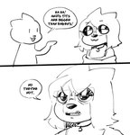 2_panel_comic angry angry_eyebrows anthro bra choker clothing dialogue duo eyewear female frown gesture glasses hair hand_gesture humor jewelry necklace pointing pointing_at_another short_hair speech_bubble star_eyes text underwear anaugi nuggy_(anaugi) badger mammal mustelid musteline comic english_text monochrome trans_(lore) trans_woman_(lore)