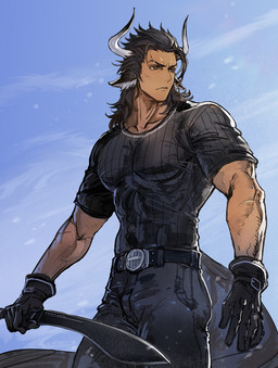 belt black_clothing black_gloves black_hair black_handwear black_shirt black_topwear bottomwear clothing gloves hair handwear holding_knife holding_object horn knife looking_aside male muscular muscular_male pants shirt solo tail topwear ryuuzaki_ichi arknights hypergryph studio_montagne matterhorn_(arknights) animal_humanoid bovid bovid_humanoid bovine bovine_humanoid cattle_humanoid humanoid mammal mammal_humanoid 2024