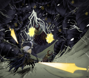 2_horns ambiguous_gender battle biped cloak clothed clothing corpse detailed_background duo fighting_pose floating holding_melee_weapon holding_object holding_weapon horn melee_weapon nail_(weapon) neck_tuft pose shield standing tuft weapon white_eyes cohavmuzar hollow_knight_(franchise) team_cherry markoth_(hollow_knight) the_knight_(hollow_knight) arthropod ghost insect lepidopteran moth spirit vessel_(species) 2025 hi_res
