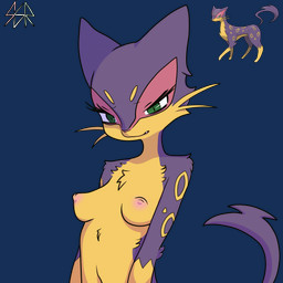 anthro anthrofied areola arm_tuft breasts cheek_tuft chest_tuft elbow_tuft eyelashes facial_tuft fangs female front_view fur gloves_(marking) green_eyes looking_at_viewer markings medium_breasts multicolored_body multicolored_fur nipples nude nude_anthro nude_female pink_areola pink_body pink_fur pink_nipples pokemorph pupils purple_body purple_fur purple_tail shoulder_tuft simple_background slightly_open_mouth slit_pupils solo tail teeth tuft whiskers yellow_body yellow_breasts yellow_fur safersophieroth nintendo pokemon generation_5_pokemon liepard pokemon_(species) 1:1 2025 absurd_res alpha_channel digital_media_(artwork) hi_res watermark
