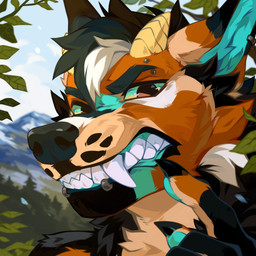 anthro bared_teeth black_claws black_hair black_nose blue_eyes blue_inner_ear_fluff blue_markings blue_pawpads blue_sky claws day detailed_background facial_piercing fangs finger_claws front_view glistening glistening_eyes hair horn inner_ear_fluff lip_piercing lip_ring looking_at_viewer male male_anthro markings mountain multicolored_hair outside pawpads piercing ring_piercing short_hair sky snakebite_piercing solo teeth tuft white_hair yellow_horn corzh77 canid canine mammal 1:1 bust_portrait detailed hi_res portrait