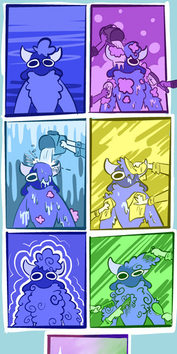 bathing blank_expression blank_stare brush brushing bucket comb_(brush) container drying drying_fur fluffy fur glistening glistening_body hairbrush male offscreen_character personal_grooming pouring_liquid social_grooming solo suds washing_another water wool_(fur) vanilla_candy unicorn_blood_(comic) saffron_(unicorn_blood) bovid caprine hybrid mammal sheep absurd_res comic hi_res