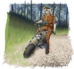 female fur minibike motorcycle solo vehicle yellow_body yellow_fur heatseeker goldie canid canine canis domestic_dog mammal absurd_res hi_res