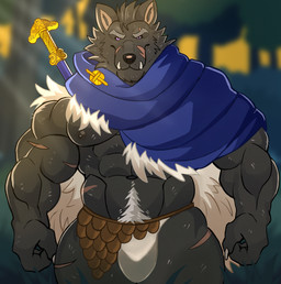 abs anthro biceps big_muscles blurred_background body_hair bulge cape clothing eyebrows front_view fur grey_body grey_fur happy_trail looking_at_viewer male melee_weapon muscular muscular_anthro muscular_male navel nipples partially_clothed_anthro partially_clothed_male pecs scar solo sword sword_on_back underwear weapon weapon_on_back darknaigart elden_ring fromsoftware blaidd_(elden_ring) canid canine canis mammal wolf 2025 absurd_res hi_res