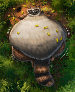 belly big_belly feral forest fur half-closed_eyes huge_belly hyper hyper_belly lying male morbidly_obese morbidly_obese_feral morbidly_obese_male motion_lines narrowed_eyes nude obese obese_feral obese_male on_back open_mouth overweight overweight_feral overweight_male paws plant realistic smile solo tail tree ian-exe mammal procyonid raccoon 2025 hi_res signature