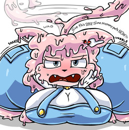 annoyed anthro big_breasts big_butt blue_eyes blush breasts butt clothing dialogue dripping female gloves handwear huge_breasts huge_butt huge_hips huge_thighs motion_lines overalls pointy_ears sharp_teeth solo tail tail_motion tailwag teeth thick_thighs white_sclera wide_hips spicyredacted sarah_kattina_(spicysierra) domestic_cat felid feline felis goo_creature mammal hi_res