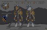 anthro armor biped clothed clothing full_armor fully_clothed furgonomics halberd hazard_stripes headgear helmet male melee_weapon plate_armor polearm scar solo standing text weapon wolfdawg armello blue_byte_(game_developer) for_honor_(game) league_of_geeks montana_(wolfdawg) canid canine canis mammal wolf english_text