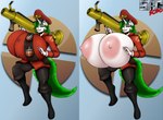 anthro big_breasts black_boots black_clothing black_footwear boots breasts clothed clothing cosplay ear_piercing ear_ring female footwear green_eyes green_hair green_tail grin hair horn huge_breasts hyper hyper_breasts logo nipples piercing puffy_nipples ranged_weapon red_clothing red_topwear ring_piercing rocket_launcher shoes smile solo tail topwear weapon white_body white_horn romman08 hasbro my_little_pony mythology team_fortress_2 valve soldier_(team_fortress_2) equid equine mammal mythological_creature mythological_equine unicorn 2020 artist_logo dated hi_res