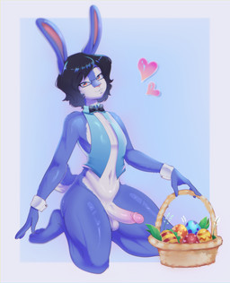 anthro balls basket bottomless bottomless_anthro bottomless_male bow_tie buckteeth clothed clothing container easter_basket easter_egg egg erection eyewear eyewear_only feet femboy fingers genitals glasses hair holidays humanoid_genitalia humanoid_penis kneeling looking_at_viewer male navel nude penis simple_background solo tail teeth toes topwear wearing_glasses apinkgrape easter lagomorph leporid mammal rabbit absurd_res digital_media_(artwork) hi_res