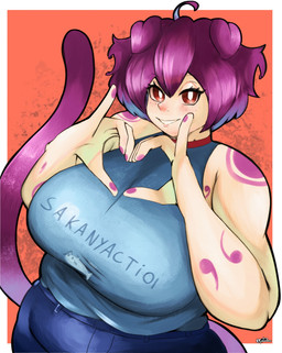 ahoge anthro big_breasts border bottomwear breasts clothing denim denim_bottomwear denim_clothing female floppy_ears gesture hair heart_gesture humanoid_hands jeans light_body light_skin looking_at_viewer markings overweight overweight_anthro overweight_female pants purple_hair purple_markings red_background red_eyes shirt simple_background smile smiling_at_viewer solo tail text text_on_clothing text_on_shirt text_on_topwear thin_tail topwear white_border it_doodles humanoid 2026 digital_drawing_(artwork) digital_media_(artwork) english_description hi_res