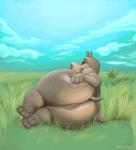 anthro anus big_butt butt cloud day detailed_background female genitals grass hand_on_butt horizon huge_butt looking_at_viewer looking_back lying nature outside plant presenting pussy rear_view sky slightly_chubby smile solo tail tail_anus thick_thighs wide_hips wiess dreamworks madagascar_(series) gloria_the_hippopotamus common_hippopotamus hippopotamid mammal 2016