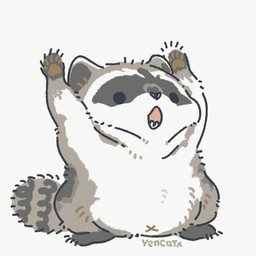 black_eyes black_nose chibi dot_eyes feral fur grey_body grey_fur navel open_mouth paws simple_background simple_eyes slightly_chubby solo white_background white_body white_fur x_navel yencatx mammal procyonid raccoon 1:1 2021