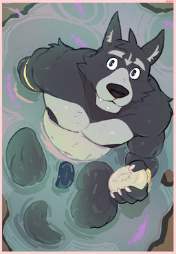 anthro barely_visible_genitalia barely_visible_penis biceps black_nipples black_penis blue_eyes border fur genitals holding_object holding_soap looking_at_viewer male nipples nude penis pink_border sitting slightly_chubby soap solo tail water dangpa adastra adastra_(series) echo_project amicus_(adastra) canid canine canis mammal wolf hi_res