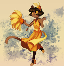 20s_clothing accessory alternative_fashion anthro bob_cut brown_body brown_fur clothed clothing dancing dress feather_in_hair female female_anthro flapper flapper_dress fully_clothed fur hair hair_accessory happy holding_feather loose_feather smile solo standing whiskers yellow_clothing yellow_dress phanecito lackadaisy ivy_pepper domestic_cat felid feline felis mammal 2025 digital_drawing_(artwork) digital_media_(artwork) hi_res