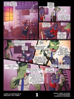 accessory acoustic_guitar angry anthro apartment appliance beard bong bottomwear briefcase chair clothing coffee_table dialogue drugs duo electronics facial_hair furniture green_body guitar jewelry kitchen living_room male male/male marijuana music musical_instrument necklace necktie pants picture_frame pillow plucked_string_instrument pokeball profanity purple_body recliner red_sclera shirt sofa stairs stove stressed string_instrument sunset table tank_top television text topwear wristband crimsonmercury7192 nintendo pokemon percy_(dj_sharkowski) shaun_(dj_sharkowski) generation_1_pokemon generation_3_pokemon gengar grovyle pokemon_(species) 3:4 absurd_res comic english_text hi_res