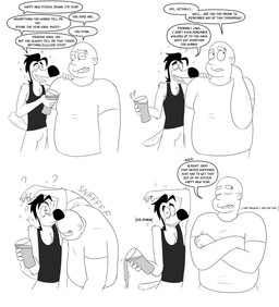 anthro arm_grab armpit_fetish armpit_play armpit_sniffing bald beverage black_clothing black_hair black_shirt black_tank_top black_topwear bubble clearing_throat clothing crossed_arms dazed dialogue drunk drunk_bubble duo eye_contact eyebrow_piercing eyebrow_ring eyes_closed facial_piercing feathers four_frame_image hair hand_behind_neck hiccuping holding_beverage holding_glass holding_object holidays looking_at_another male male/male name_drop name_in_dialogue onomatopoeia piercing raised_arm ring_piercing sharp_teeth shirt shocked shoulder_grab simple_background sniffing sound_effects speech_bubble spilling_drink substance_intoxication surprised tail tail_feathers tank_top teeth text topwear white_background yes-no_question secretgull new_year new_year_2023 gus_skwarek shane_stocks avian bird gull human lari larid mammal 2023 absurd_res black_and_white digital_drawing_(artwork) digital_media_(artwork) english_text hi_res monochrome