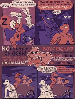 anthro blep blush cart dialogue female forked_tongue laugh male sleeping smile text tongue tongue_out vanilla_candy unicorn_blood_(comic) bean_(vanilla_candy) briar_(vanilla_candy) saffron_(unicorn_blood) tulip_(unicorn_blood) arthropod bovid caprine insect lagomorph lepidopteran mammal moth reptile scalie sheep snake absurd_res comic english_text hi_res restricted_palette