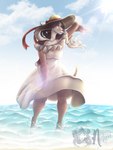 anthro beach black_nose blue_sky breasts breeze brown_hair clothed clothing cloud day dress female fur hair hand_behind_head hat headgear headwear lens_flare long_hair off_shoulder sea seaside sky smile solo standing summer_dress sun sun_hat tan_body tan_fur water wave wind noelleneko canid canine canis domestic_dog mammal 2021 hi_res shaded signature soft_shading