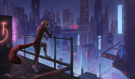 anthro blonde_hair brown_body brown_fur building butt casual_nudity cigarette cigarette_smoke city cityscape cyberpunk digitigrade fur green_eyes hair leaning_on_railing loneliness long_tail looking_down male markings neon neon_lights neon_sign night nude railing ring_(marking) ringed_tail rooftop sign skyscraper smoke smoking smoking_cigarette solitude solo striped_markings striped_tail stripes tail tail_markings text white_body white_fur zemka shuttercoon mammal procyonid raccoon artist_name hi_res watermark