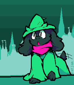 amazed anthro black_body black_fur clothing eyewear fur glasses hat headgear headwear looking_up male open_mouth raised_tail robe scarf solo tail tail_motion tailwag catjamn deltarune undertale_(series) ralsei bovid caprine goat mammal 2022