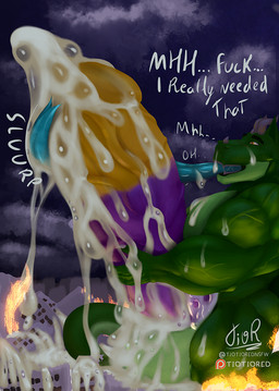 balls bicolored_penis big_balls big_penis bodily_fluids building city cum destroyed_building destruction excessive_cum excessive_genital_fluids excessive_precum extreme_size_difference fire genital_fluids genitals green_body growth growth_lines growth_sequence gushing huge_balls huge_penis hyper hyper_balls hyper_genitalia hyper_penis long_tongue male masturbation onomatopoeia penis precum purple_penis size_difference sound_effects tail text throbbing tongue yellow_penis tiotiored mythology dragon mythological_creature mythological_scalie scalie english_text