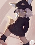 abstract_background anthro backlighting clothing female female_anthro fur hat headgear headwear hoodie_vest leg_warmers legwear light lit_from_behind looking_at_viewer paws pose smug smug_face solo tan_body tan_fur yellow_eyes skalelsky made_in_abyss nanachi lagomorph mammal narehate absurd_res digital_media_(artwork) hi_res lighting