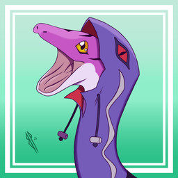 clothing feral hoodie open_mouth pink_body pink_scales scales smile solo topwear yellow_eyes kuraishihis bandai_namco digimon digimon_(species) reptile scalie snake 1:1 absurd_res hi_res