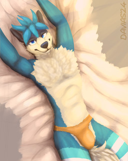 anthro bed blue_body blue_eyes blue_fur blue_hair clothing fur furniture hair male simple_background smile underwear davias00 canid canine canis mammal wolf digital_media_(artwork) hi_res