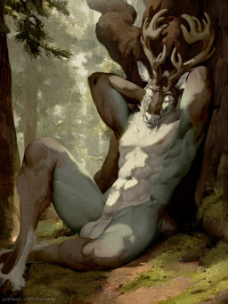 abs against_natural_surface against_surface against_tree animal_genitalia anthro antlers balls brown_body brown_fur casual_nudity cloven_hooves day eyebrows eyes_closed forest fully_sheathed fur genitals grass hands_behind_head hooves horn inner_ear_fluff male muscular muscular_anthro muscular_male navel neck_tuft nipples nude outside pecs pink_nipples plant reclining relaxing sheath sitting solo text tree tuft white_body white_fur honovy deer mammal new_world_deer reindeer digital_media_(artwork) hi_res url
