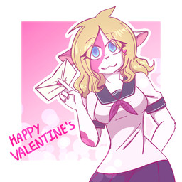 anthro asian_clothing blue_eyes bottomwear breasts clothed clothing east_asian_clothing envelope female fur hair holding_object holidays japanese_clothing japanese_school_uniform markings pink_spots school_uniform serafuku shirt skirt solo spots topwear uniform white_body white_fur white_skin crazy_guy_(artist) valentine's_day bovid caprine mammal sheep 1:1