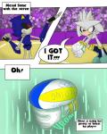 anthro ball clothing dialogue duo gloves handwear male sport text volleyball volleyball_(ball) volleyball_court yellow_eyes sandunky sega sonic_the_hedgehog_(series) metal_sonic silver_the_hedgehog eulipotyphlan hedgehog mammal 4:5 absurd_res comic english_text hi_res