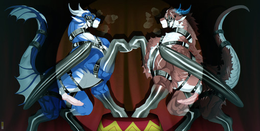 animal_genitalia bdsm blindfold blue_body blue_scales bondage bondage_gear boots bound clothing collar duo feral footwear genital_slit genitals hoof_boots horn knot knotted_penis male male_feral penis petplay ponyplay roleplay scales scar shoes snout tail wingbinders wings pipex mythology azmerond dragon mythological_creature mythological_scalie scalie hi_res