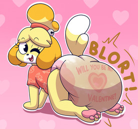all_fours anthro blort clothed clothing diaper feces female holidays looking_at_viewer looking_back looking_back_at_viewer one_eye_closed pantsless_female pawpads paws pooping raised_tail rear_view soiled_diaper soiling soiling_diaper solo sound_effects tail unclean_diaper used_diaper wearing_diaper wink winking_at_viewer writing_on_diaper nyxiettenyxstar animal_crossing nintendo valentine's_day isabelle_(animal_crossing) canid canine canis domestic_dog mammal shih_tzu toy_dog 2023 hi_res