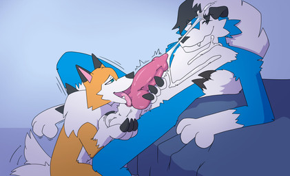 3_fingers 3_toes alternate_color animal_genitalia animal_penis anthro anthro_on_feral balls bed bed_sheet bedding bestiality biped black_claws black_nose blue_bedding blue_body blue_fur bodily_fluids canine_genitalia canine_penis claws cum cumshot digitigrade duo ejaculation erection eyes_closed feet fellatio feral finger_claws fingers fur furniture genital_fluids genitals hair hand_on_penis intraspecies kneeling knot knotted_penis larger_male larger_sub licking male male/male male_on_feral mane multicolored_body on_bed oral orange_body orange_fur orgasm penile penis penis_lick pink_sheath_slit sex sheath sheath_play sheath_slit sitting size_difference smaller_male smile submissive tail tail_motion tailwag throbbing throbbing_knot throbbing_penis toes tongue tongue_in_sheath tuft white_body white_fur white_hair white_mane vashey nintendo pokemon canid canine generation_7_pokemon lycanroc mammal midday_lycanroc midnight_lycanroc pokemon_(species) shiny_pokemon absurd_res hi_res