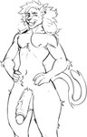 anthro balls body_hair felid genitals happy_trail hi_res humanoid_genitalia humanoid_penis lion male mammal monochrome muscular nipple_piercing nipples nolansnsfw nude pantherine pecs penis piercing sketch slim small_waist solo thick_thighs vein veiny_penis