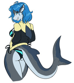 anthro bikini blue_eyes blue_hair breasts butt clothed clothing female fin fully_clothed hair jacket looking_at_viewer looking_back non-mammal_breasts rear_view simple_background smile solo swimwear topwear two-piece_swimsuit white_background ambris erika_(ambris) aquatic fish shark 2018 digital_media_(artwork) hi_res