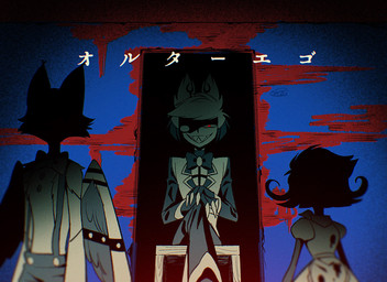 anthro antlers chair clothed clothing eyewear female furniture group horn male monocle text trio wings enaic31 dustcell hazbin_hotel hellaverse alastor_(hazbin_hotel) husk_(hazbin_hotel) niffty_(hazbin_hotel) animal_humanoid cyclops deer deer_humanoid demon demon_humanoid domestic_cat felid feline felis humanoid mammal mammal_humanoid hi_res japanese_text