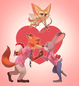 anthro arrow_(weapon) boop bottomwear bouquet bow_(weapon) box box_of_chocolates candy chocolate claws clothed clothing container cupid's_arrow dessert diaper eyes_closed feathered_wings feathers feet female female_anthro flower flower_bouquet food fur grey_body grey_fur group hand_holding heart_symbol holding_bouquet holding_bow_(weapon) holding_box holding_container holding_flower holding_object holding_ranged_weapon holding_weapon holidays interspecies male male_anthro necktie nose_boop nose_to_nose pants plant ranged_weapon romantic romantic_ambiance romantic_couple shirt simple_background smile tail toes topwear trio weapon wings nyeong disney valentine's_day zootopia cupid finnick_(zootopia) judy_hopps nick_wilde canid canine canis european_rabbit fennec_fox fox lagomorph leporid mammal oryctolagus rabbit red_fox true_fox digital_media_(artwork) hi_res