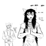 1:1 anthro black_hair canid canine canis carol_(hladilnik) clothing comic daniel_(hladilnik) dialogue domestic_dog dress duo english_text female ghost hair hi_res hladilnik male mammal monochrome simple_background sketch spirit text white_background wolf