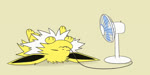 3_toes ambiguous_gender bodily_fluids electric_fan electricity eyes_closed feet feral fur happy humor long_ears lying on_back oscillating_fan solo sweat toes upside_down white_body white_fur yellow_body yellow_fur kenikenikeke nintendo pokemon eeveelution generation_1_pokemon jolteon pokemon_(species) 2:1 animated no_sound short_playtime webm