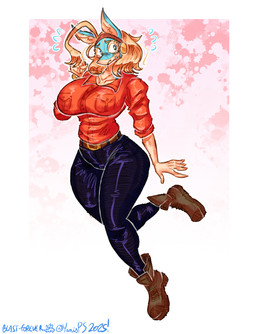 abstract_background anthro belt big_breasts blonde_hair blue_body blue_bottomwear blue_clothing blue_eyes blue_pants bodily_fluids bottomwear breasts brown_clothing brown_footwear brown_shoes clothed clothing eyelashes female footwear fully_clothed hair multicolored_body pants red_clothing red_shirt red_topwear shirt shoes simple_background slim solo teal_body tears tears_of_sadness thick_thighs topwear white_body wide_hips yanisp5 my_hero_academia ippan_josei canid canine fox mammal quirked_human_(my_hero_academia) absurd_res hi_res